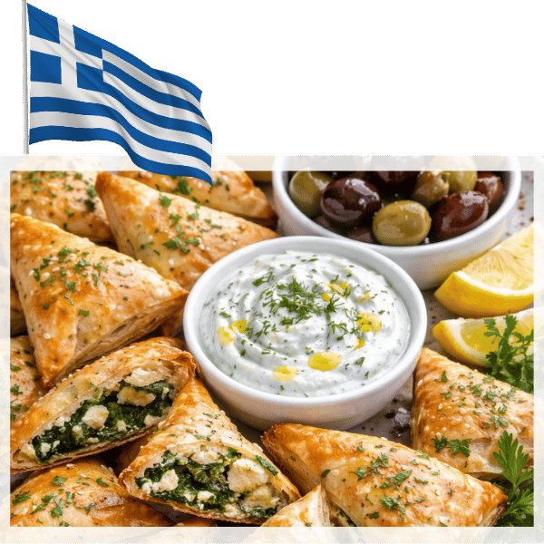 Greek spanakopita with tzatziki and olives